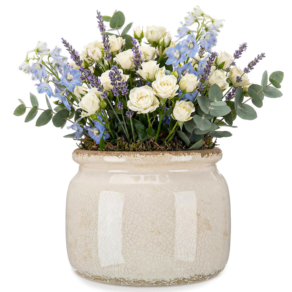 7.7′′ Large Vintage Ceramic Plant Pot Pure Beige Rustic Planter with Ice Crackle Glaze & Drainage Hole for Indoor