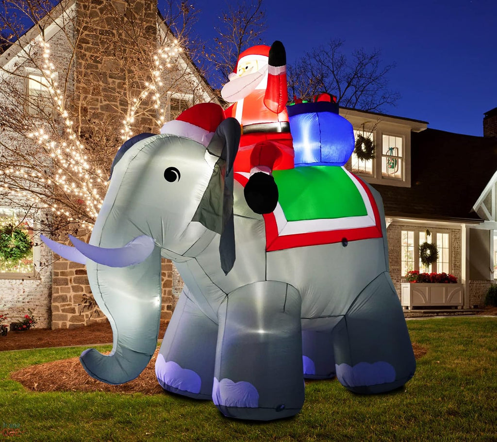 12FT Length X 10.5FT Tall Giant Christmas Inflatables Elephant, Christmas Blow Up Santa on Elephant Inflatable