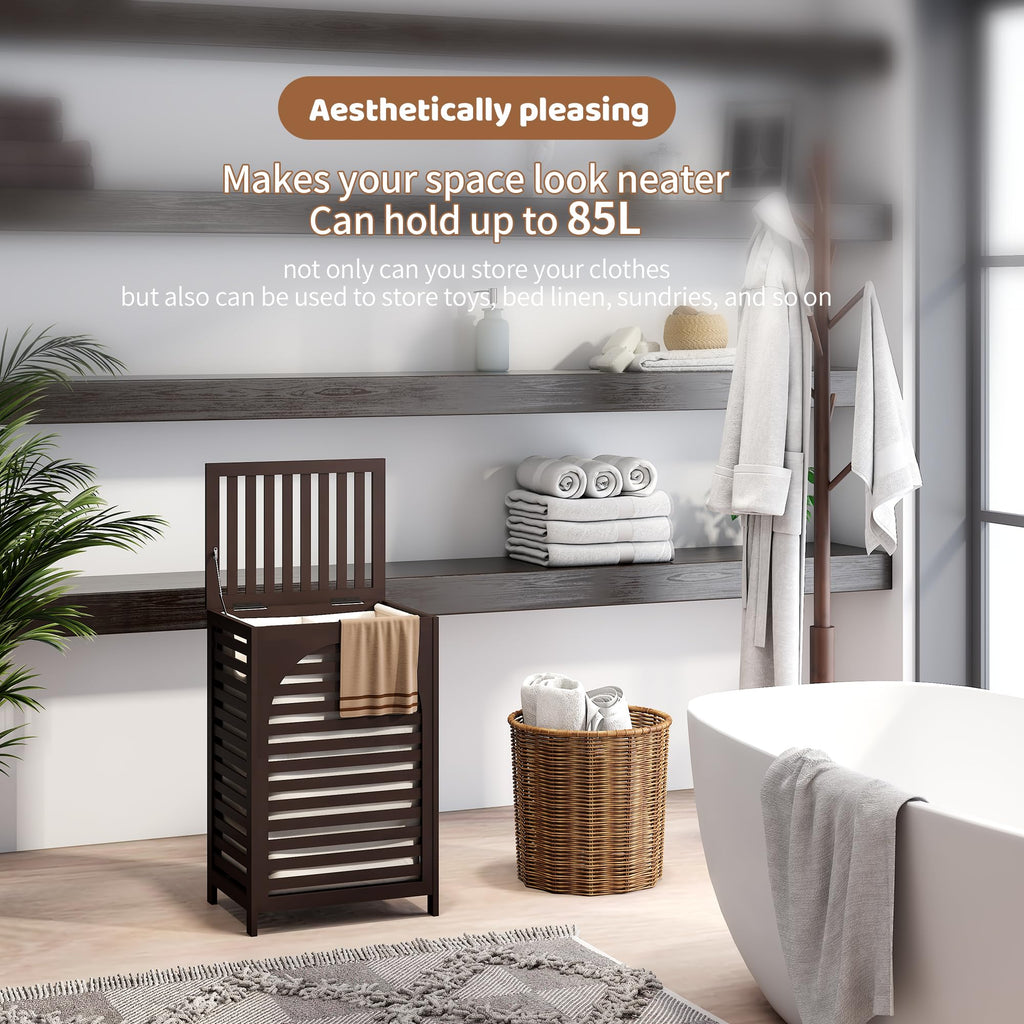 Laundry Hamper with Lid (16.9 * 13 * 26.5inches) Large Bamboo Laundry Bin Basket 85L Clothes Hamper with 1 Removable