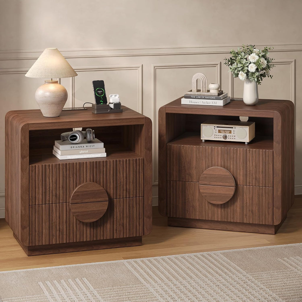 23" Wide Fluted Nightstands Set of 2, Mid Century Bedside Tables with Charging Station, Wood End Table with 2 Drawers