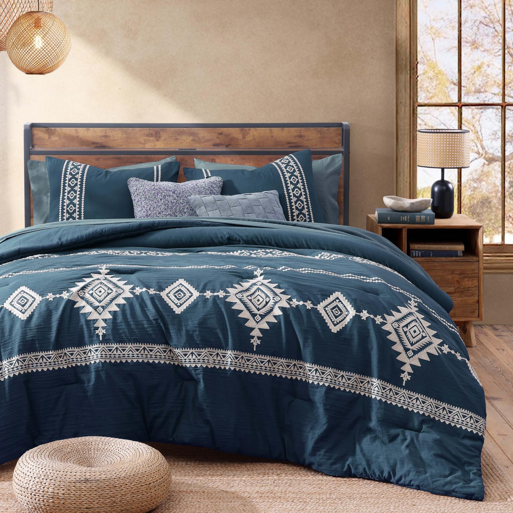 Embroidery Comforter Set 7 Pieces Navy Blue Bed in a Bag