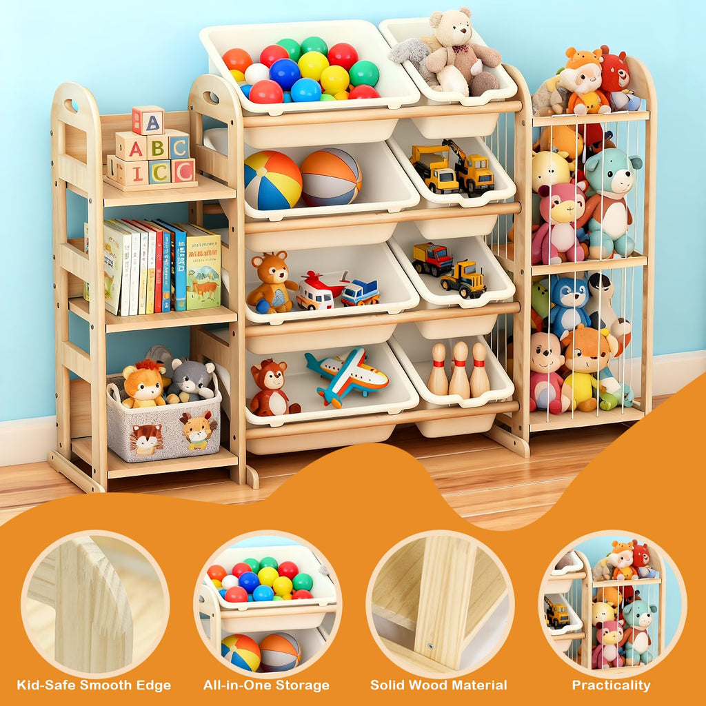 Wooden Toy Storage Organizer, Toy Organizers & Storage with Stuffed Animal Storage, Toy Storage Shelf with 3 Shelves