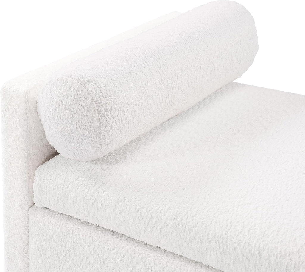 Boucle Upholstered Storage Bench 50.8" End of Bed Bench with 2 Round Pillows & Solid Wood Legs, Ample Hidden Storage
