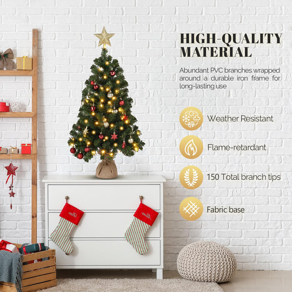 3ft Pre-lit Artificial Christmas Tree, Mini Tabletop Xmas Tree with 150 Branches Tips for Christmas Party Home Indoor