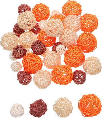 Vase Filler Decorative Balls, 2.4/2/1.6/1.2" Orange/Beige/Brown/White Wicker Rattan Decor, Balls Bowl Fillers - Set of 36