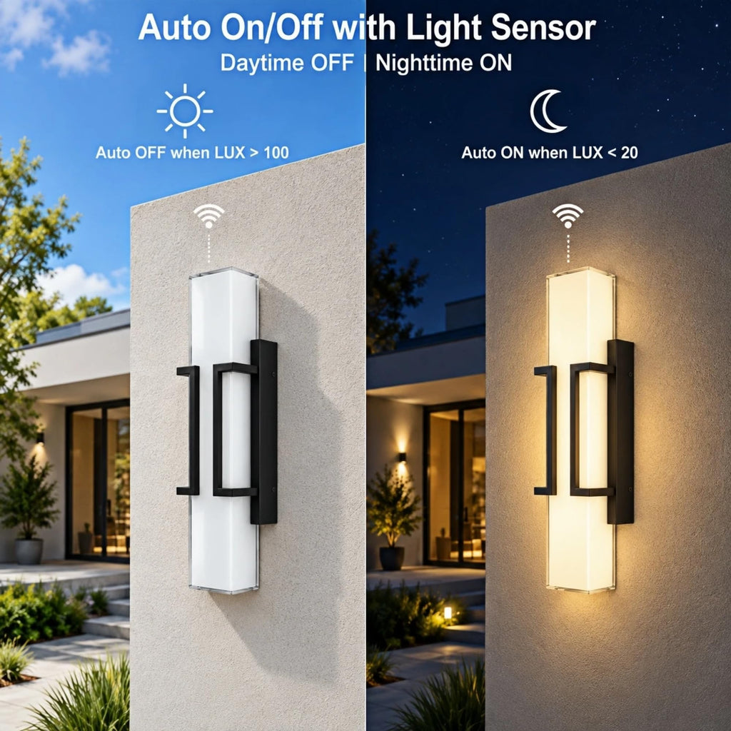 Large Modern Dusk to Dawn Outdoor Sconce, 24" Black LED Porch Light
