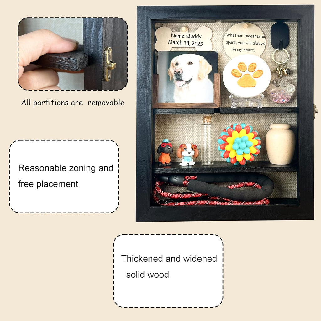 Solid Wood 11x14 Pet Memorial Shadow Box Frame with Adjustable Shelves Paw Print Kit Pet Urn Ashes Display Case Black