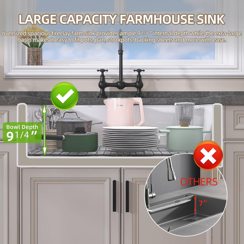 White Farmhouse Kitchen Sink 30 inch Fireclay Apron Front Farm Sink Undermount Single Bowl Reversible Farmer House