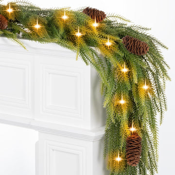 9FT Norfolk Pine Garland with Lights, Lighted Christmas Garland with Timer & 8 Lights Modes- Prelit Battery Operated