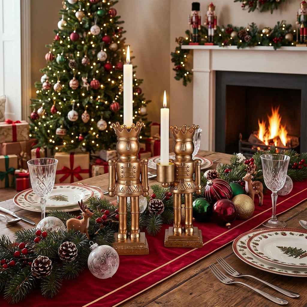 2 Pcs Gold Taper Candle Holders, Christmas Nutcracker King