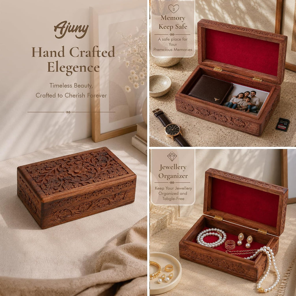 Wooden Jewelry Box Hand Carved Flower Keepsake Chest - 8x5 Inch
