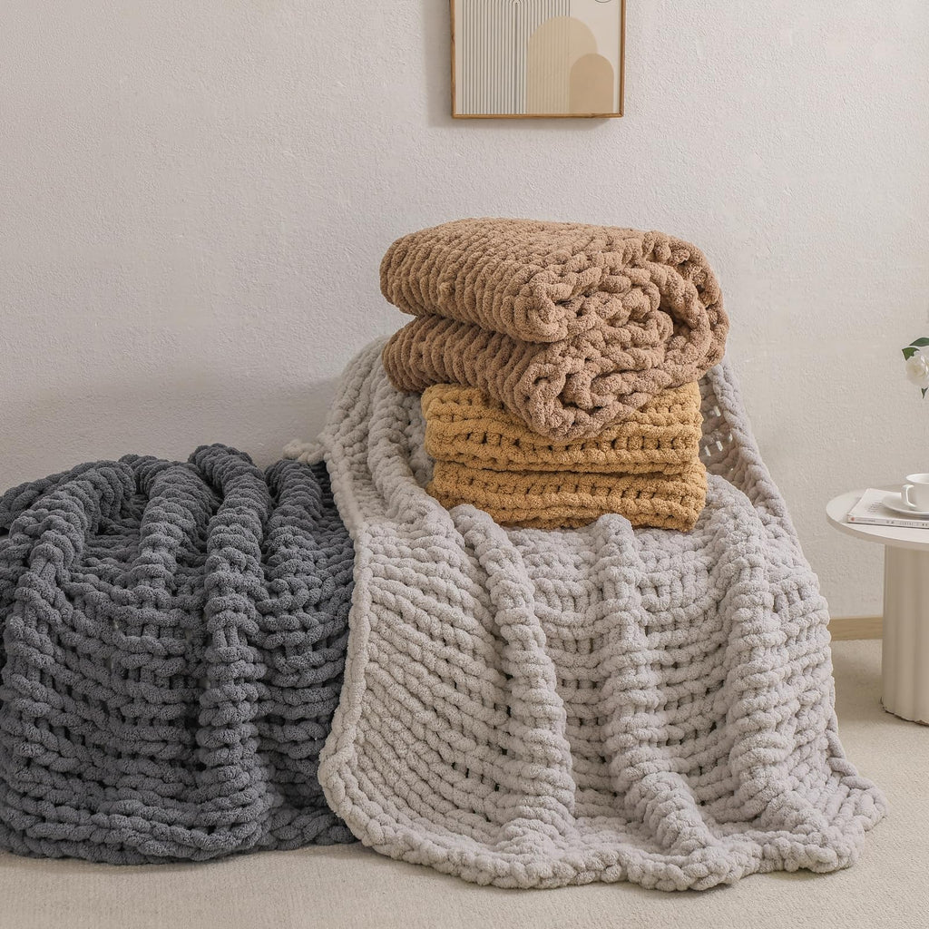 Chunky Knit Handmade Throw Blanket 60x80 Jumbo Chenille Dark Gray