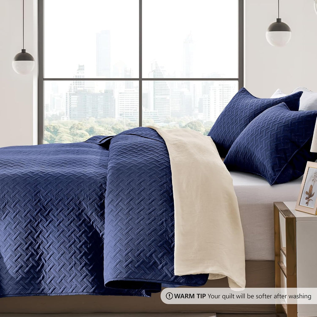 Quilts Queen - Ultra Soft Navy Blue Quilt Lightweight Microfiber Bedspreads, Classic Basket Weave Pattern Bedspread