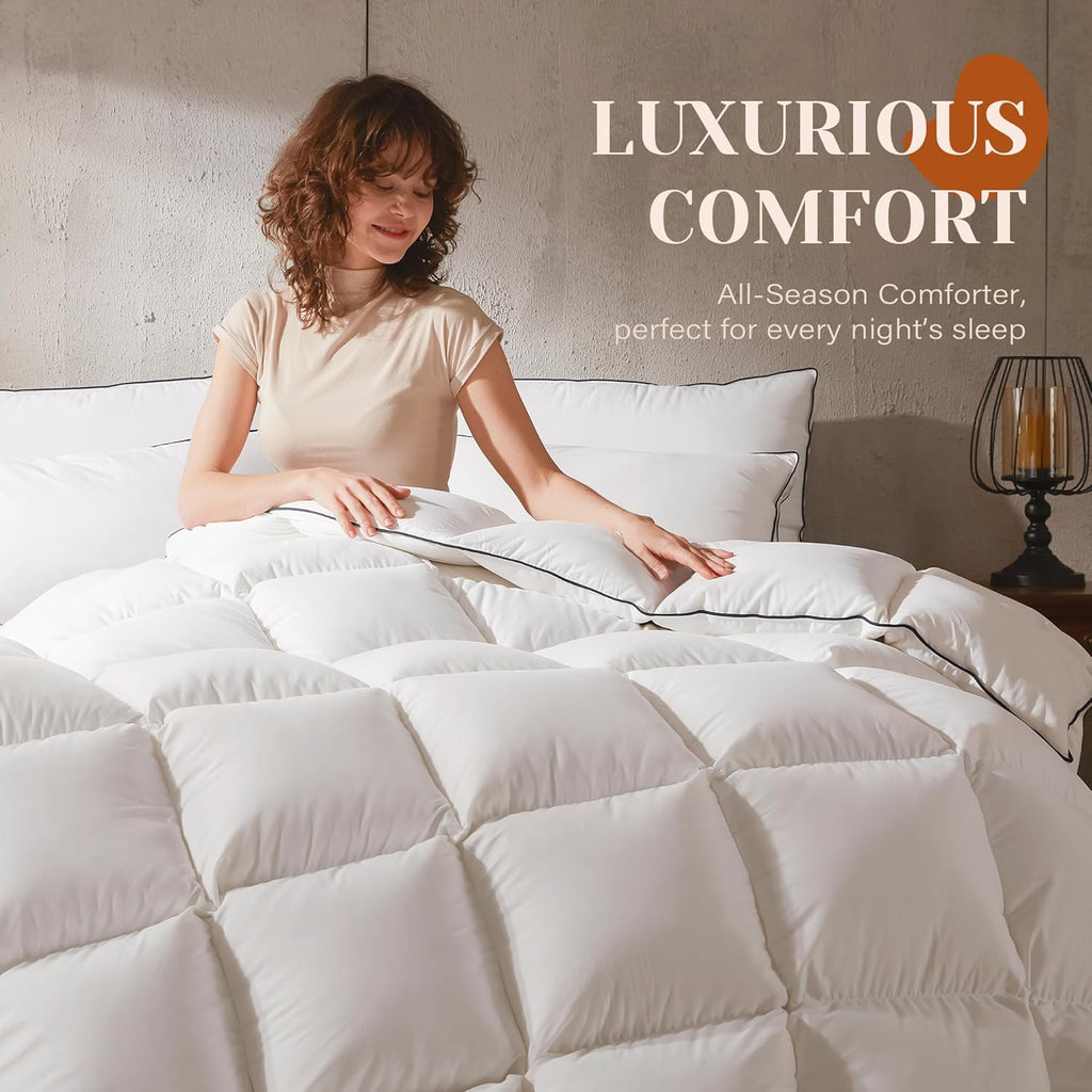 Goose Feather Down Fiber Cotton Comforter Queen, Ultra-Soft Duvet Insert, Hotel Collection White Qui