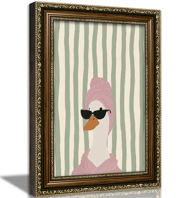 Vintage Gold Framed Pink Duck Wall Art, Funny Goose Bathroom Canvas Prints