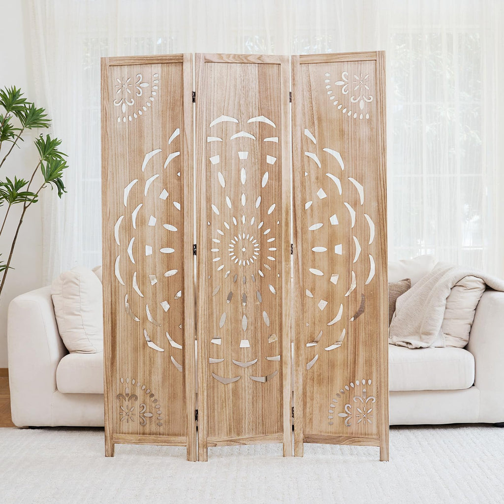 66.9Inch Wooden Room Partition - 3 Panels Boho-Styled Space Room Divider /Office, Headboard & Yoga/Photo/Video Call