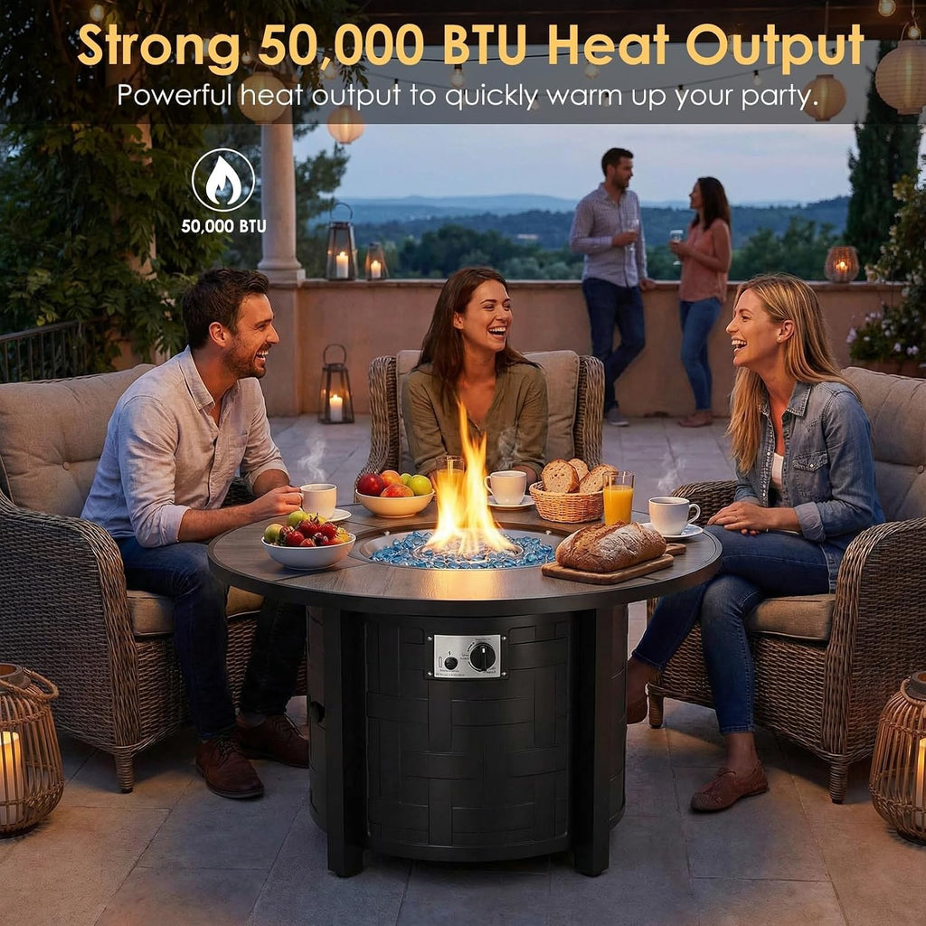 42-Inch Round Propane Fire Pit Table, 50,000 BTU, Gray | Round Gas Fire Table with Blue Fire Glass; Lid Restores