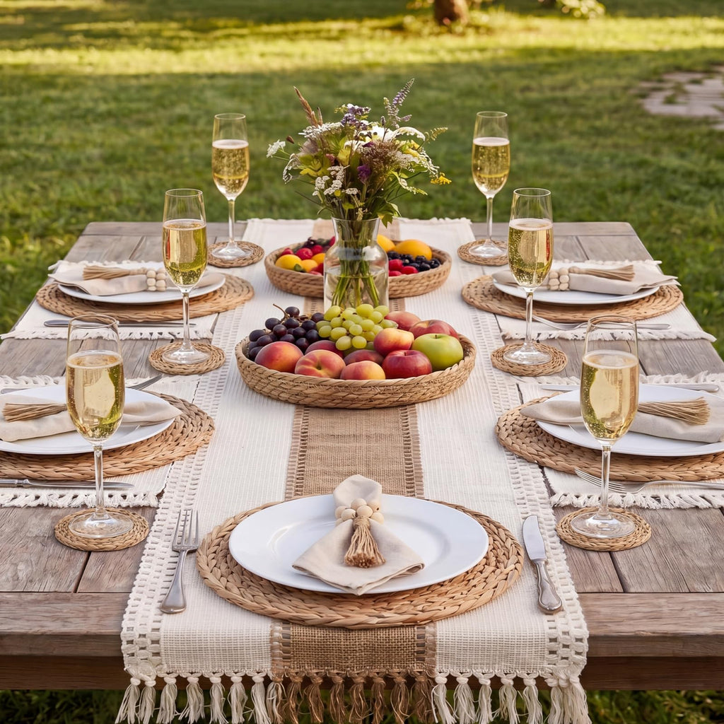 6 Set Boho Table Placemats, Natural Cotton Burlap Woven Mats with Tassels & Bead Napkin Rings, Farmhouse Macrame