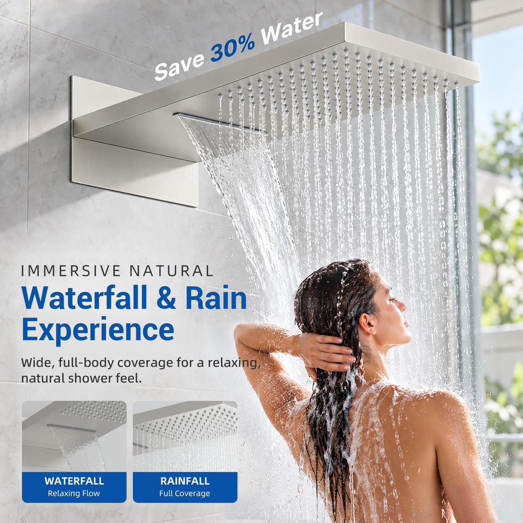 Thermostatic Shower System, Waterfall Shower Head(Brushed Nickel)