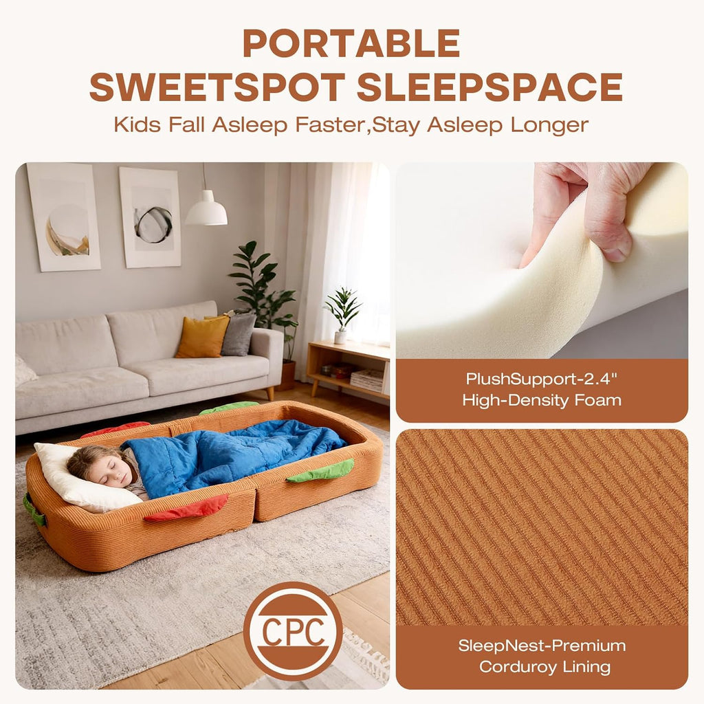 Toddler Travel Bed Sandwich Style - Portable Toddlers Floor Beds, Foldable Soft Foam Travel Crib for Baby and Kid