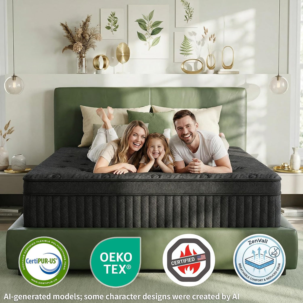 King Size Mattress, 12 Inch Cooling Hybrid, Medium Firm Pocket Coil | Bamboo charcoal foam and Euro top add