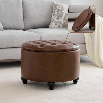24Inch Round Storage Ottoman with Tray, Modern Tufted Leather Circle Coffee Table with Storage, Upholstered Ottoman