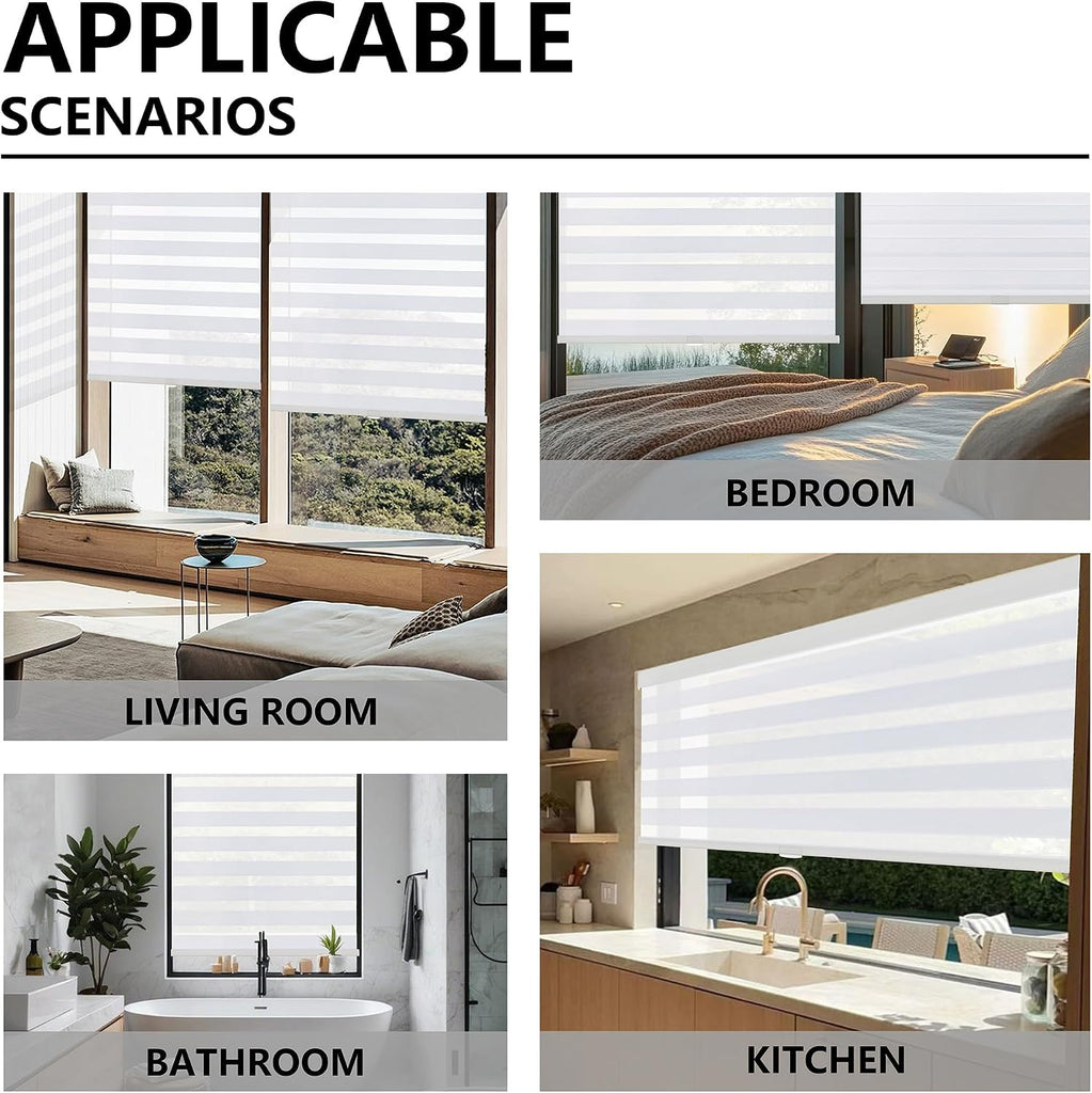 Cordless Zebra Blinds for Windows, Free-Stop Pull Down Roller Window Shades with Valance, Light Filtering Dual Layers