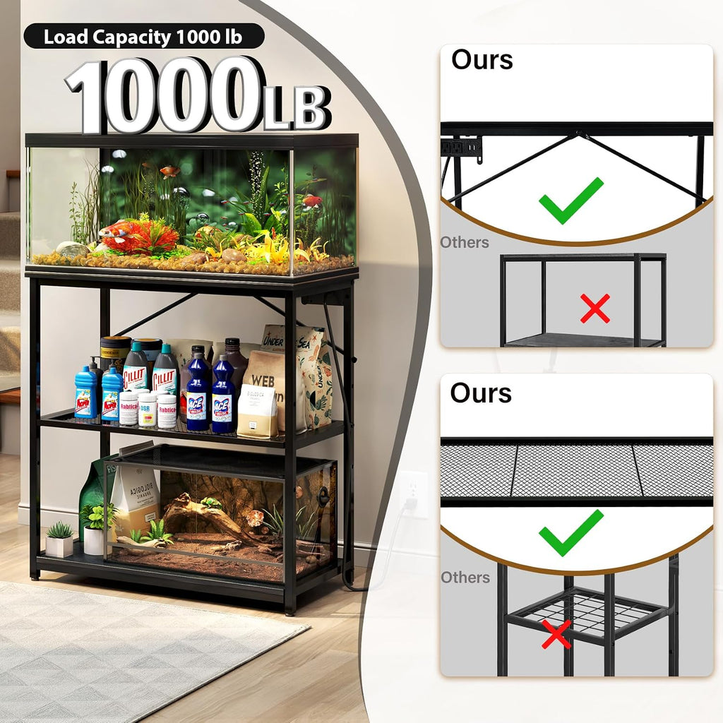Fish Tank Stand 10, 20, 29, 37 Gallon, 1000LB Capacity Aquarium Stand with Built-in Outlet, 31"L x 16"W Metal Reptile
