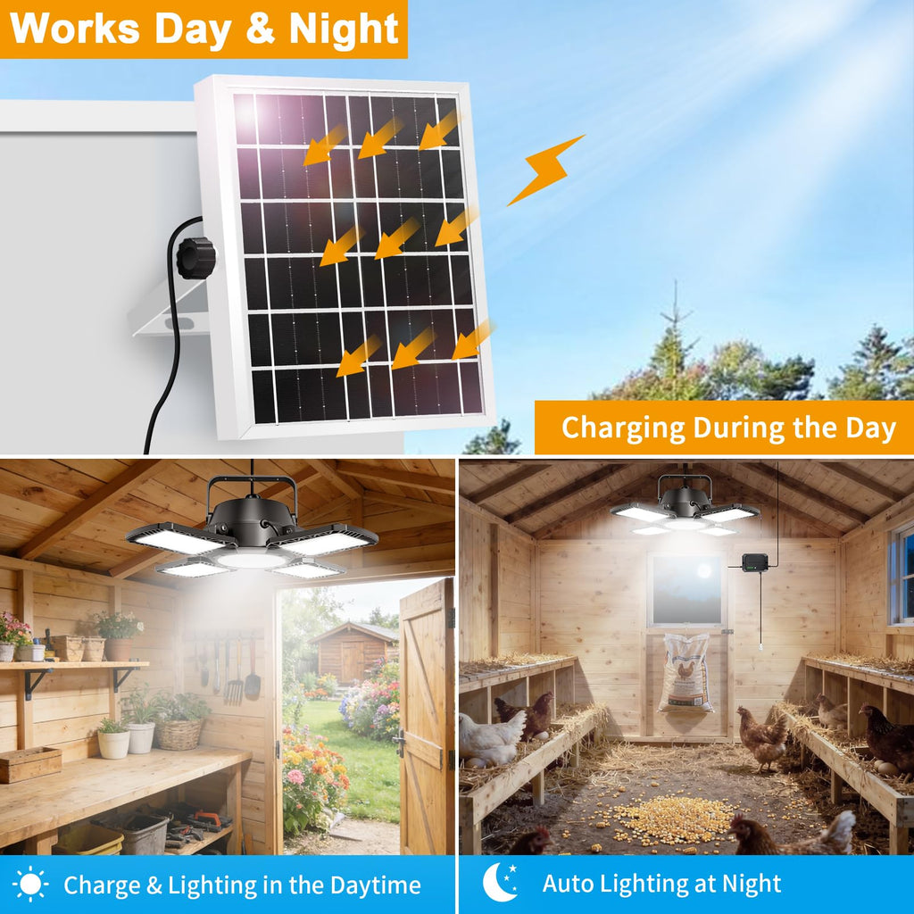 Solar Shed Lights Indoor Outdoor with Pull String, Available All Day Solar Pendant Light, High/Low Brightness