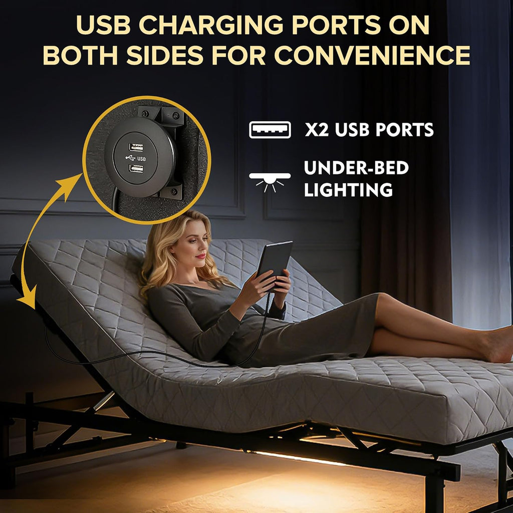 King Adjustable Bed Frame with Remote, LED Light & USB Ports (King)