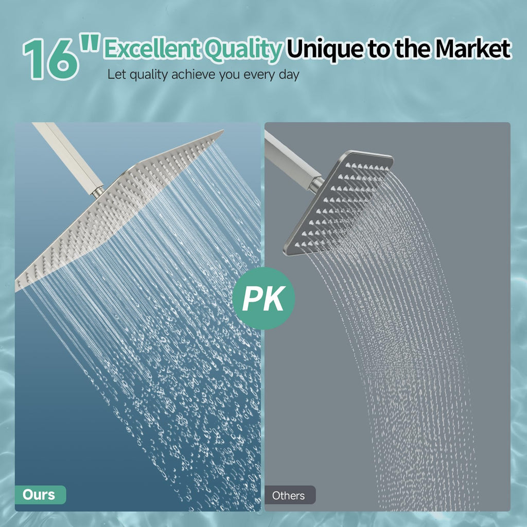 16 Inch Extra Large Rain Shower Head Brushed Nickel 304 Stainless Steel High Pressure Rainfall Showerhead Ultra Thin