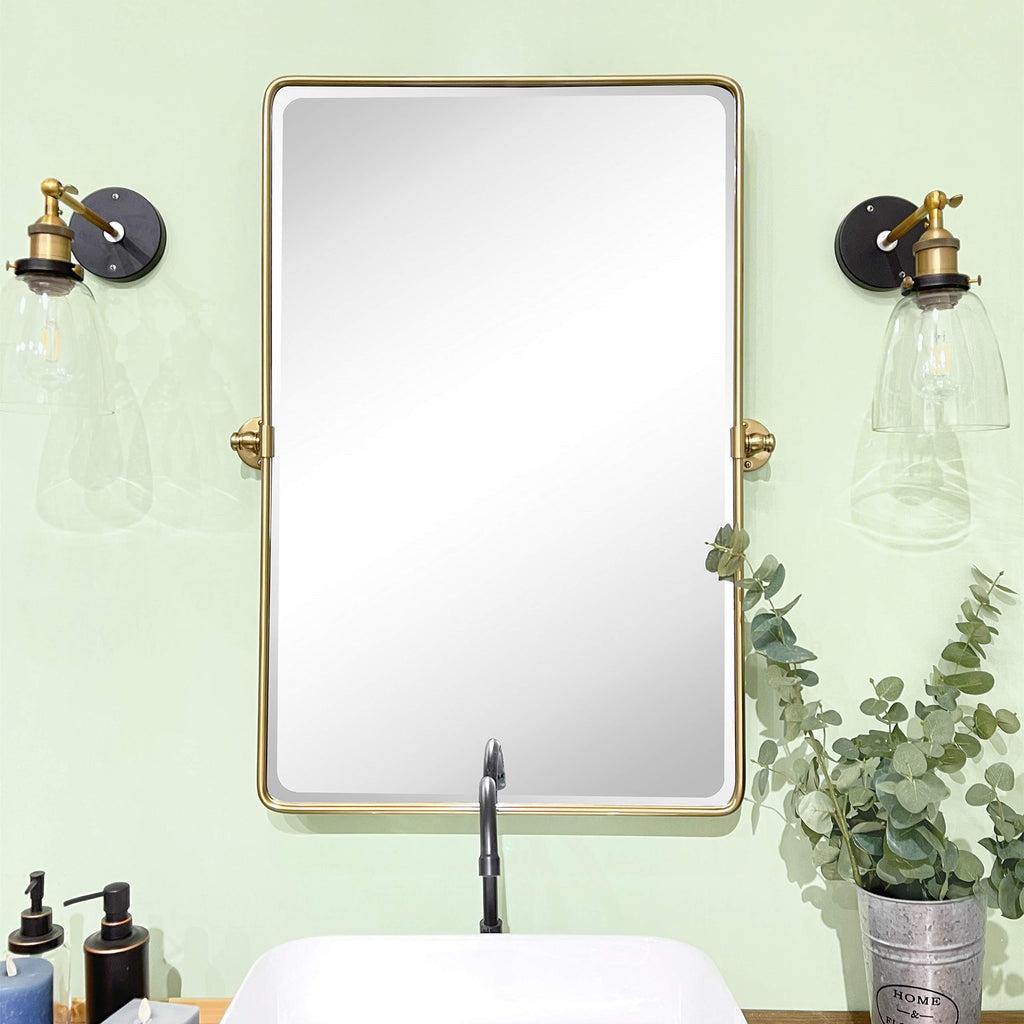 Gold Pivot Rectangle Bathroom Vanity Mirrror Farmhouse Tiltable Rounded Metal Framed Pivoting Bathroom Mirror
