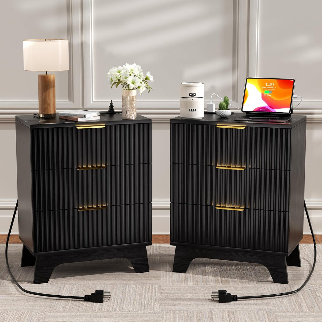 Black Fluted Nightstand Set of 2 with Charging Station, 3 Drawer Small Bedside Table, Faux Marble Top, 2 AC & Dual