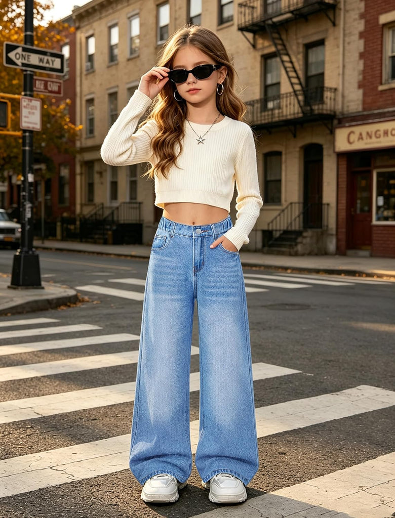 Girls Baggy Jeans Wide Straight Leg High Elastic Waisted Denim Pants Fashion Y2k Boyfriend Skater Streetwear