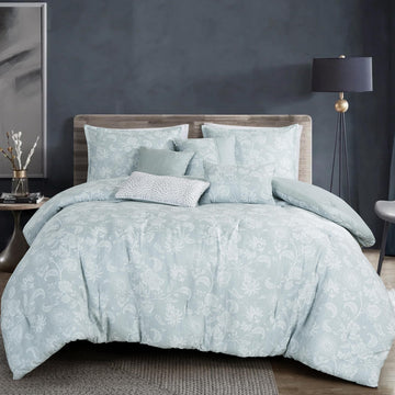 Sage Green Jacquard Comforter Set 7 Piece Floral Damask Bedding Queen Size