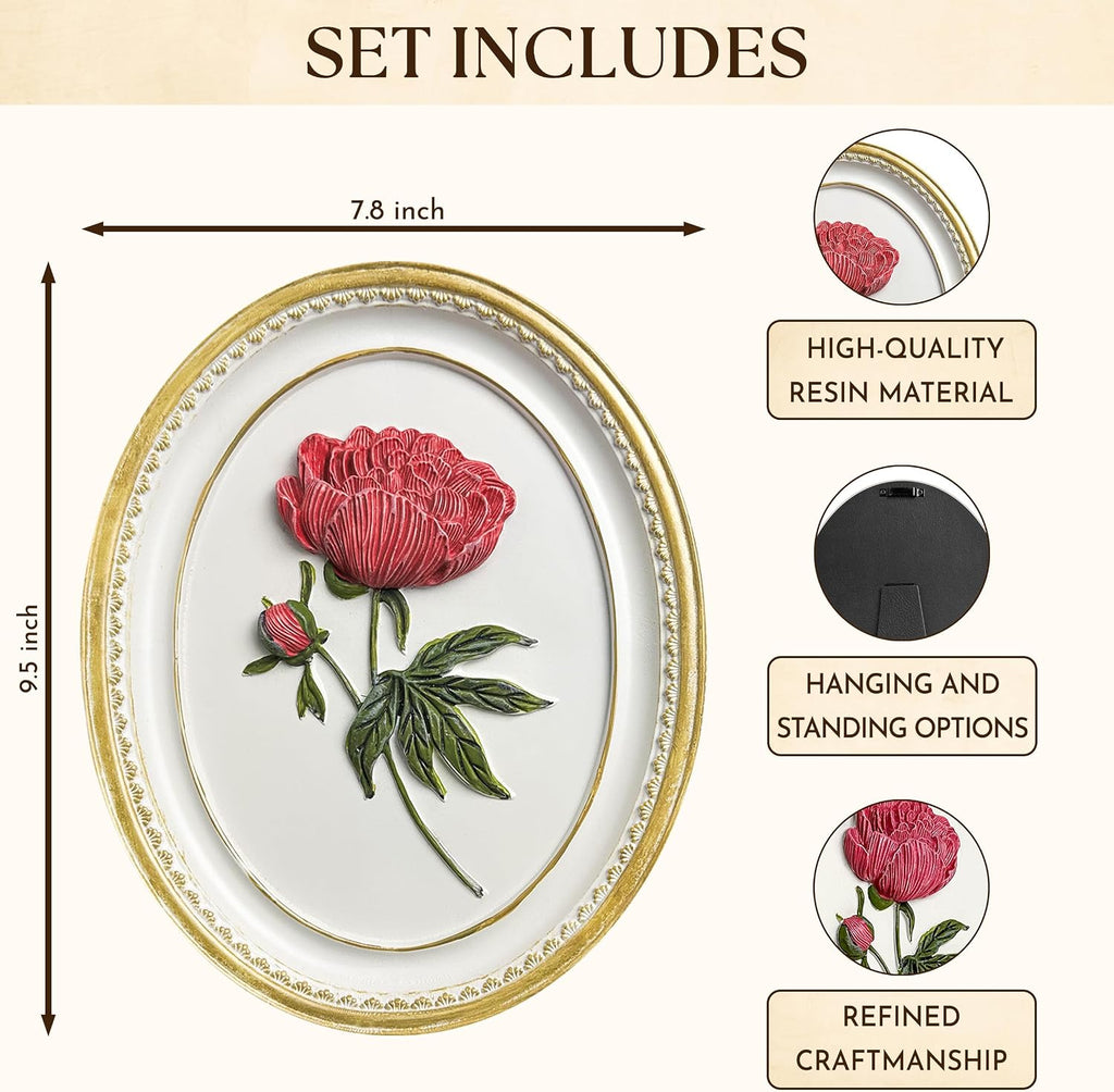 Oval Peony Wall Sculpture, 3D Resin Floral Art, 9.5x7.8