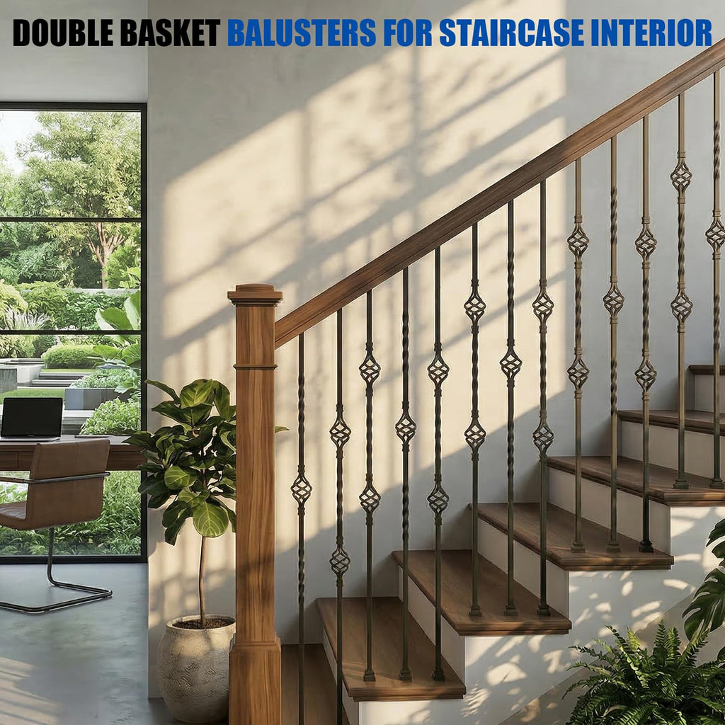 10 Pack 44" Iron Double Basket Balusters for Staircase Interior, 1/2" Hollow Stair Balusters, Matte Black Metal