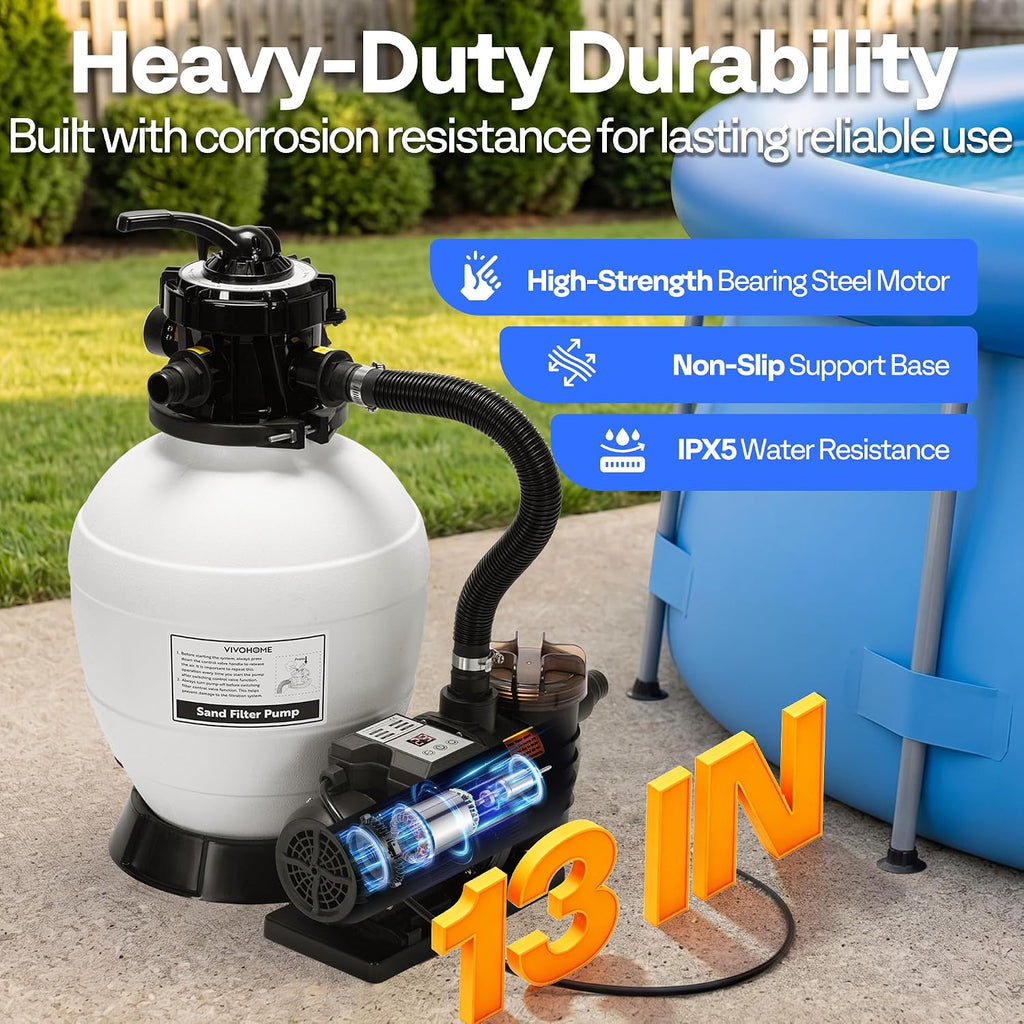 Sand Filter Pump with 1/2 HP Motor, 2640 GPH w/Timer for in/Above Ground Pools up to 14,000 Gallons, 7-Way Valve with