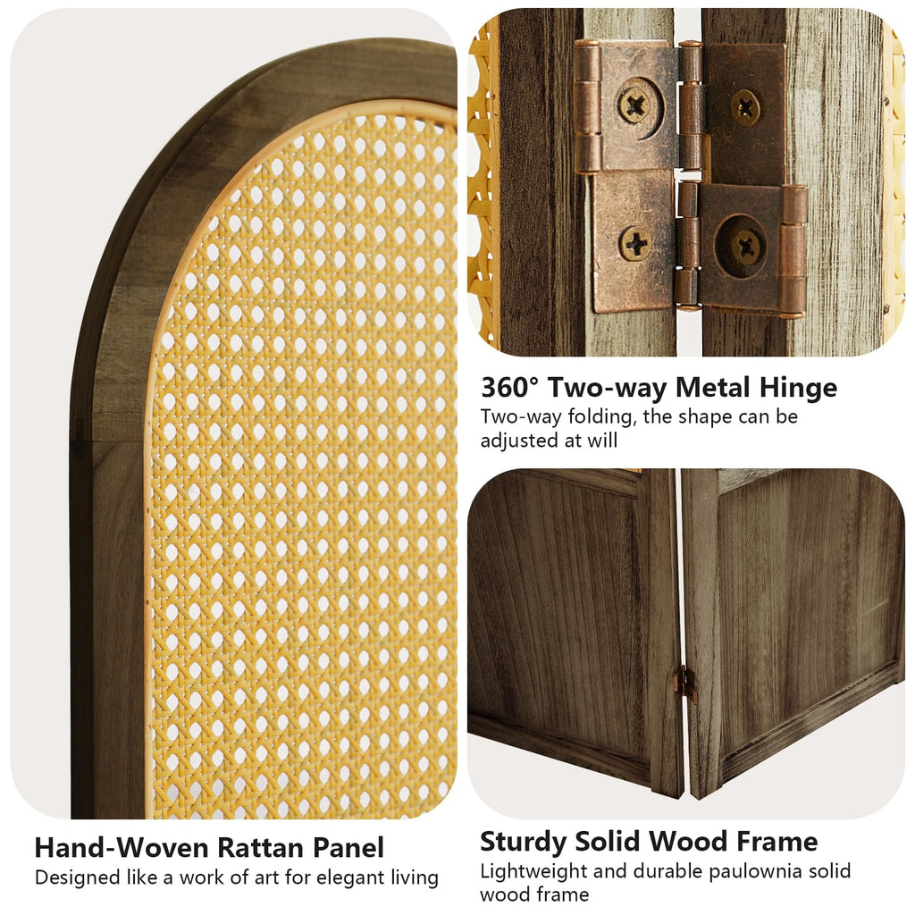 4 Panel Rattan Room Divider Screen, Boho Folding Privacy Screen