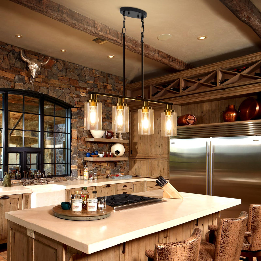 Island Lights, 4-Light Farmhouse Dining Room Light Fixtures Over Table, Matte Black and Gold Linear Chandeliers