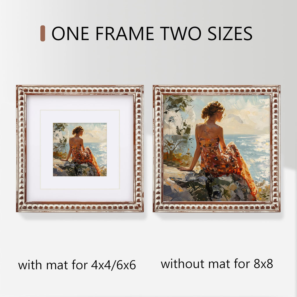 Square 8x8 Picture Frame with Mat for 6x6/4x4, Distressed Beaded Wood, Real Glass, Whitewashed Farmhouse Style for