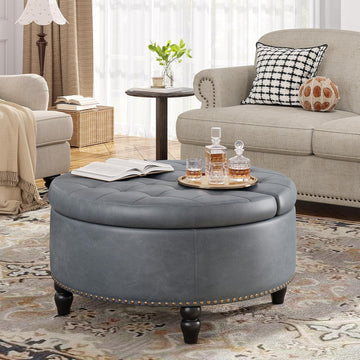 30 Inch Large Round Ottoman with Storage Circular,Gray Grey | Leather Coffee Table with Lift Top,Modern Upholstered
