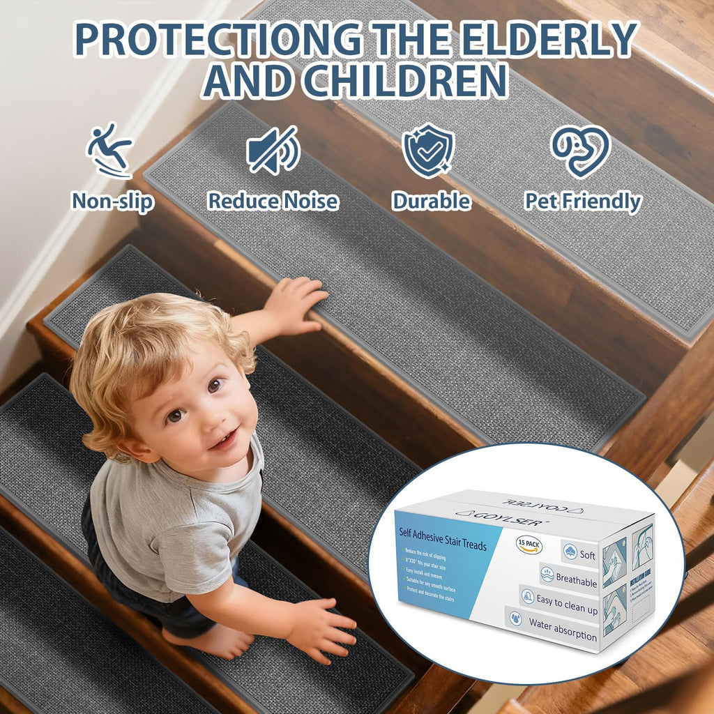 Peel and Stick Carpet Stair Treads for Wooden Steps Set of 15, Non Slip Adhesive Jute Stair Mats Indoor, Rubber