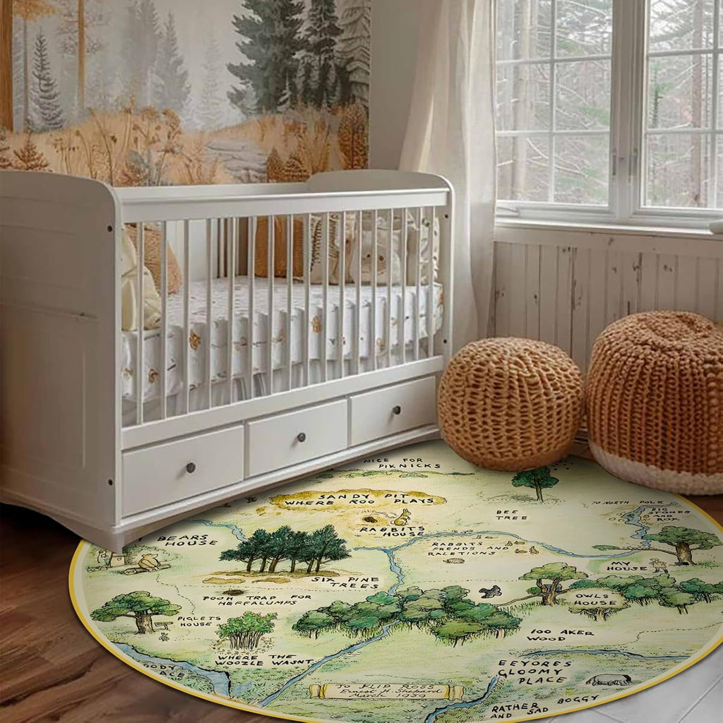 5ft Washable Round Nursery Rug, Cute Woodland Kids Play Rug for Girls Boys Neutral Soft Crawling Play Mat for