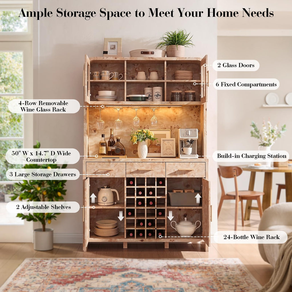 77" Tall Pantry Cabinet & Coffee Bar Cabinet with Storage, Light Burl, 2 Pcs