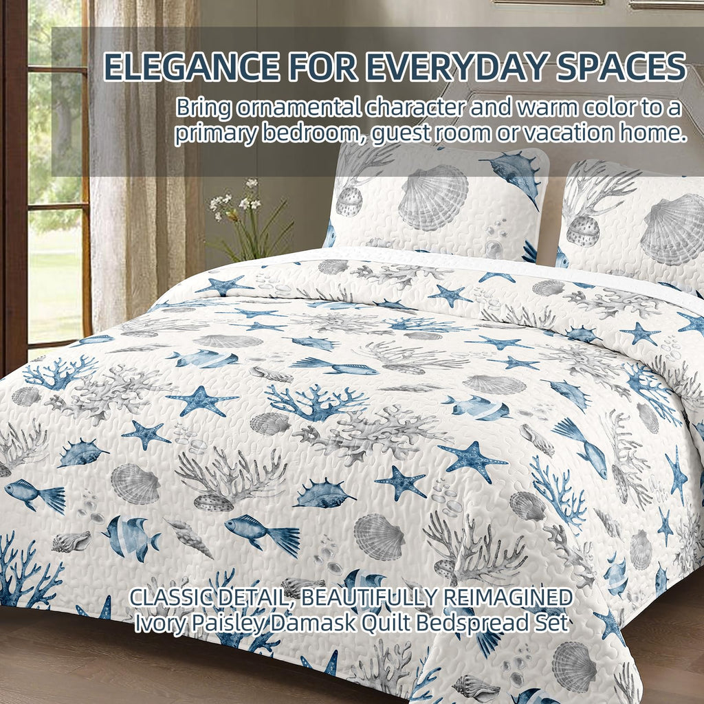 Coastal Blue Quilt Set, Coral Fish Starfish and Seashell Bedspread with 1 Pillow Sham, 68 x 88 Inches