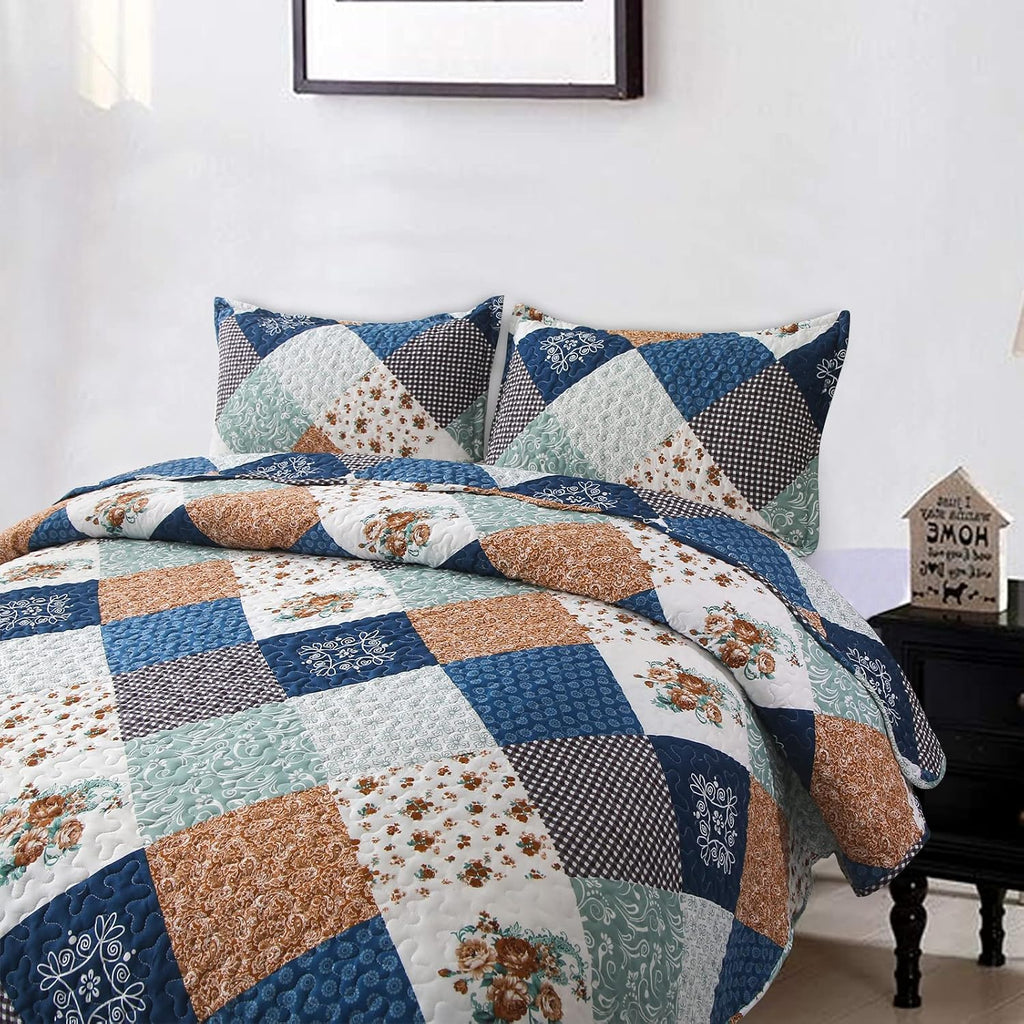 Reversible Patchwork Quilt Bedding Set Queen Blue Green Grey Plaid Floral Pattern Bedspread Set Soft Microfiber