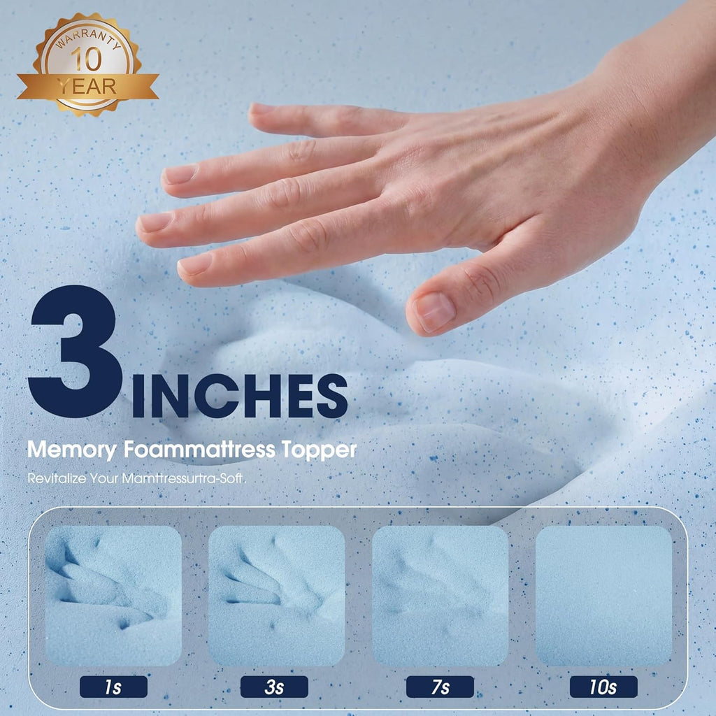 3 Inch Gel Memory Foam Mattress Topper Queen Size High Density Cooling Pad Pressure Relief Bed Topper (with Removable