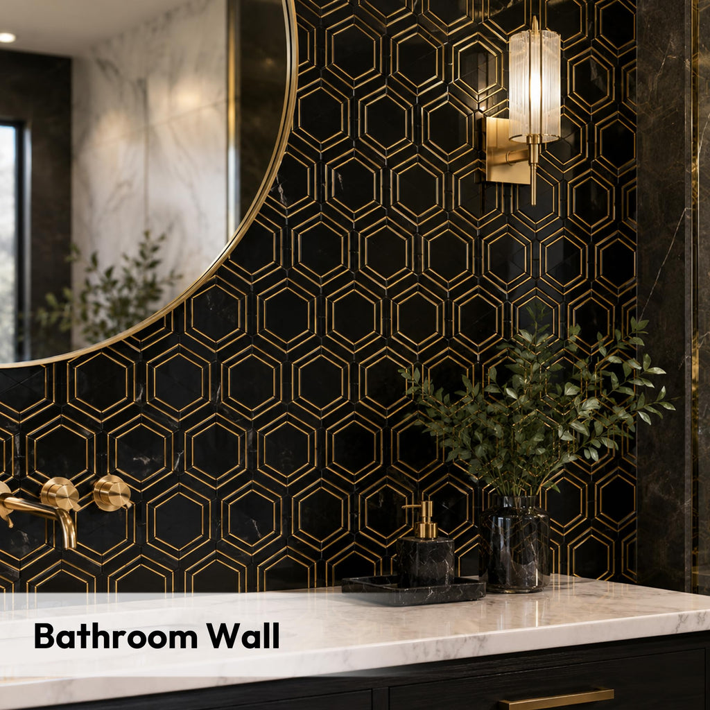 Natural Black Marble 3 Inch Hexagon Mosaic Tile, Polished, 5 Sheets
