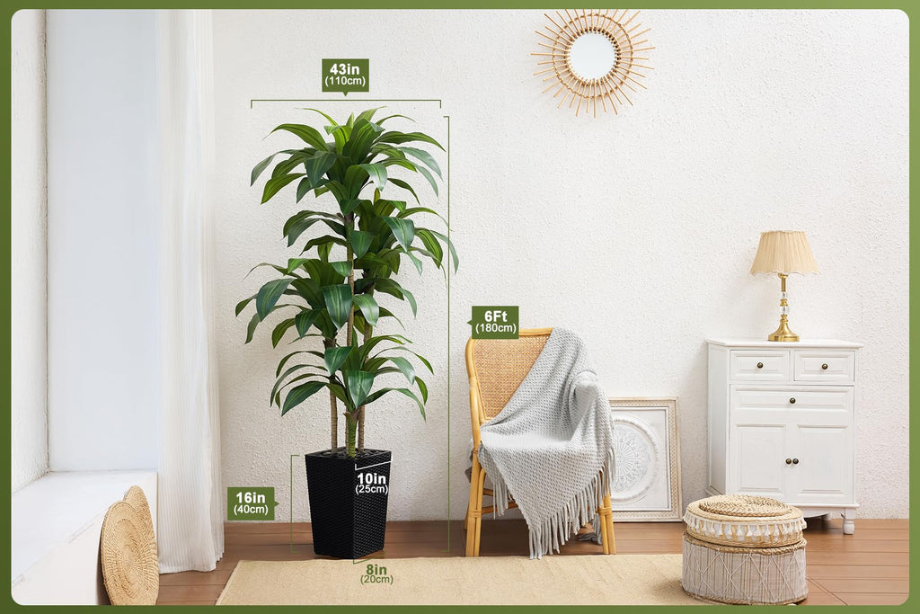 Artificial Dracaena Tree 6FT - Fake Tree with Black Taper Planter & Pebbles - UV Resistant Faux Yucca Tropical Plant